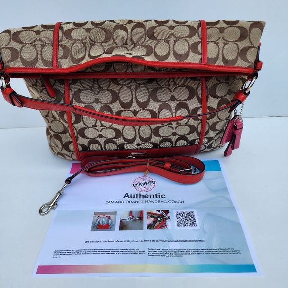 Coach Park Signature Hobo Convertible Shoulder Top Zip Khaki Vermillion Large - Picture 4 of 15